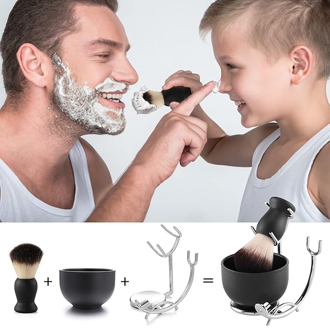 Aethland Shaving Brush Set with Black Solid Wood Handle, Shaving Kit for Men Includes Shaving Brush, Dia 3.1 inches Stainless Steel Shaving Bowl & Shaving Stand Wet Shaving Gifts for Men