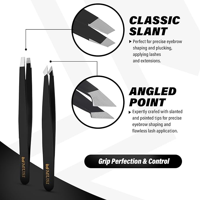 MUSI Eyebrow, Facial Hair, Ingrown Hair & Splinter Removal Tweezers with Eyebrow Scissors – Precision Multi-Purpose Beauty Tools, Anti-Rust Stainless Steel, Travel Case Included, for Women & Men