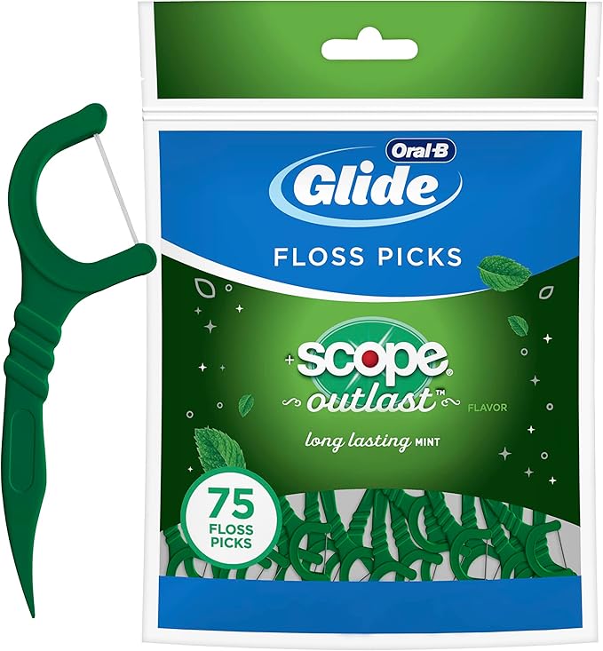 Oral-B Complete Glide Dental Floss Picks Plus Scope Outlast, Long Lasting Mint, 75 Dental Floss Picks, Pack of 6