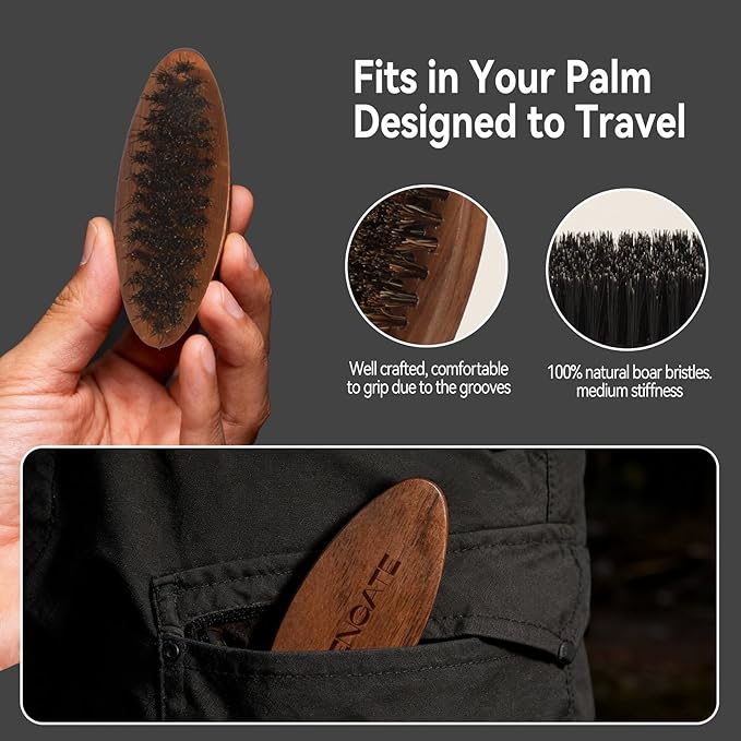Walnut Wood Beard Brush & Small Boar Bristles Brush Bundle for Men, Beard Grooming & Hair Styling Quiff, Straightens & Promotes Beard Growth - Works with Beard Oils and Balms