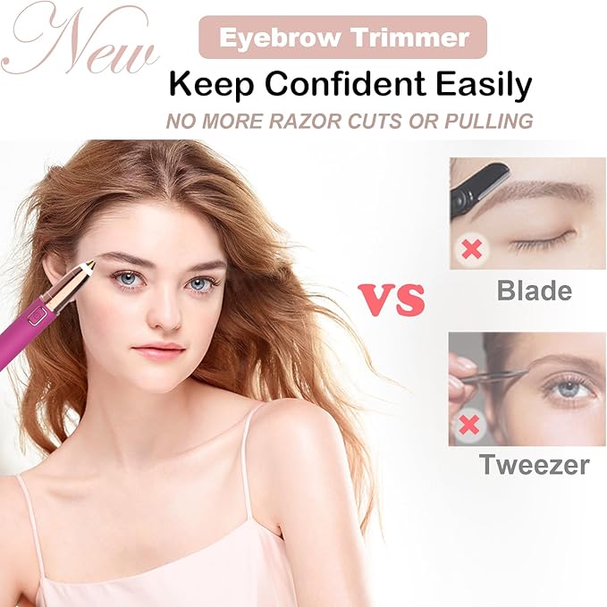 Eyebrow Trimmer for Women - Electric Eye Brow Razor with LED Light Painless & Easy Clean for Eyebrows Face Nose Ear Hair Chin Lips Peach Fuzz Bikini Lines & Other Detailing - Battery Operated (Pink)