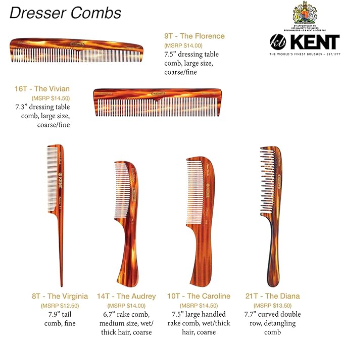 Kent 10T Large Detangler Comb, Handmade Wide Tooth Comb for Curly Hair, Detangling Combs For Wet and Dry Hair, Combs for Thick Hair, Saw-Cut and Hand Polished Made in England