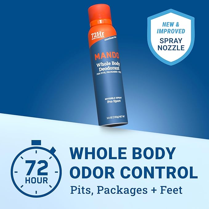 Mando Whole Body Deodorant For Men - Invisible Spray Deodorant - 72 Hour Odor Control - Low Irritation Formula - Aluminum Free, Benzene Free - 3.6 ounce Can - Pro Sport