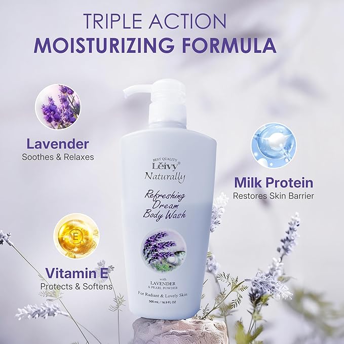 Lěivy Lavender Body Wash Deep Moisturizing, Calming Scent, Skin Cleanser Hydrating Shower Gel, Soothing & Sleep, with Vitamin E & Pearl Powder, 16.9 Fl oz Bottle