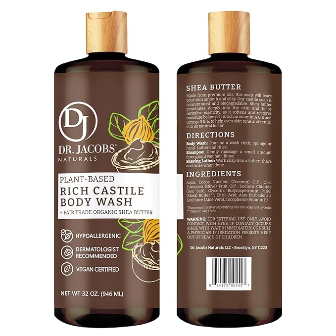 Dr. Jacobs Naturals Pure Castile Soap Liquid Body Wash, Shea Butter - Plant Based Soap Infused with Vitamin E and Aloe Vera to Moisturize Dry and Sensitive Skin - Made in The USA - 32 oz, Pack of 3