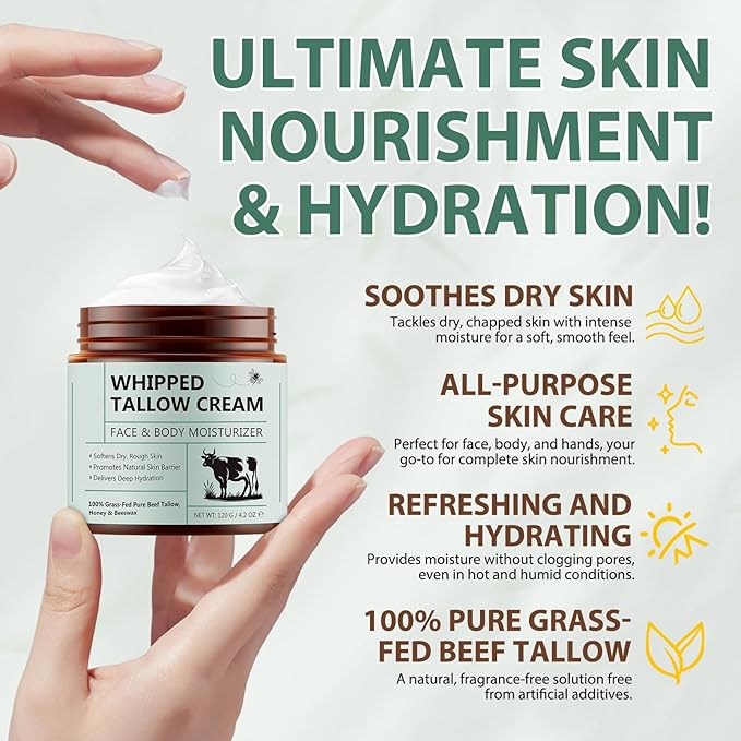 WHLH & WELL-BEING Beef Tallow for Skin, Beef Tallow and Honey Balm, All-Natural Ingredient Moisturizer for Face & Body Skin Care 1Pack