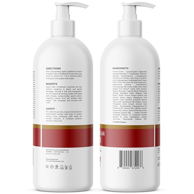 Apple Cider Vinegar Conditioner Infused with Peach & Raspberry Oil, Hair Detangler & Hydration, ACV Hair/Scalp pH Balancing, For Locs & Curly, All Hair Types, Sulfate-Free, 16 fl oz