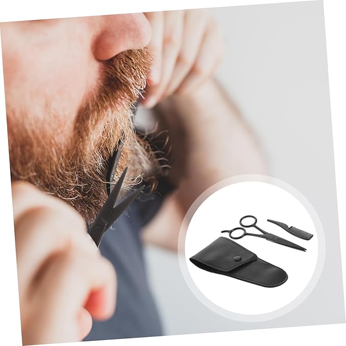minkissy 3pcs Beard Trimming Scissors Set with Comb and Pu Leather Storage Bag Stainless Steel Mustache and Eyebrow Care Tools for Professional and Home Grooming
