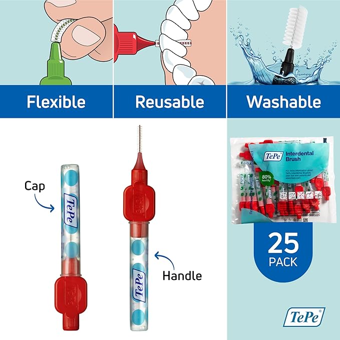 TePe Pack of 25 Interdental Brush Original, Soft Dental Brush for Teeth Cleaning, 2, Red