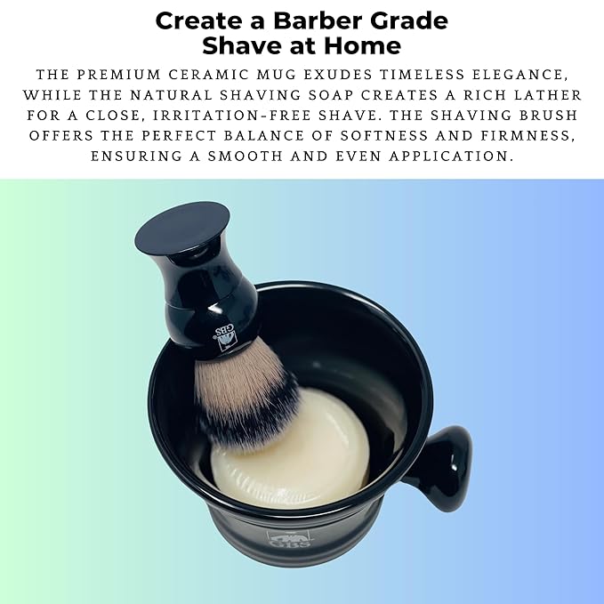 G.B.S GENTS Men’s Wet Shaving Kit - Complete 4-Piece Set with Heavy Duty Ceramic Bowl, Synthetic Shave Brush, Stand & Natural Shea Butter Lather Soap (Black)