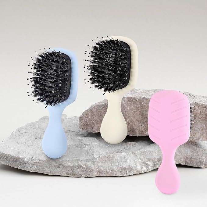 Mini Boar Bristles Hair Bursh, Travel Size Hair Brush for Women Men Kids, Protable Small Hair Brush for Pockets Purses, Mini Detangler Brush for Smooth Add Shine(Blue)