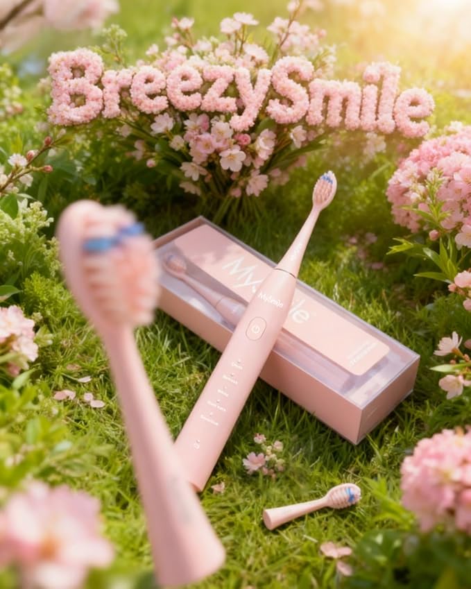 MySmile DY156 Electric Toothbrush for Adults, Rechargeable Sonic Battery Toothbrush Portable with 3 Brush Heads, 2 Mins 5 Modes Smart Timer, 45000VPM, One Charge for 60 Days - Pink