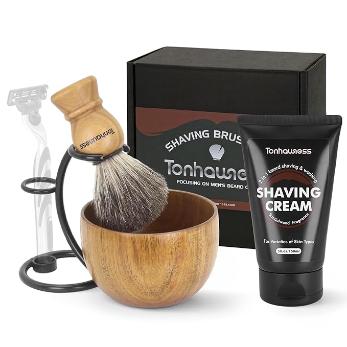 Shaving Brush Kit For Men, 4 In 1 Shaving Brushes Set Includes Badger Hair Shaving Brush, Wood Bowl, Shaving Cream and Stainless Steel Shaving Holder
