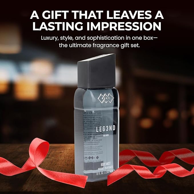 LEG3ND Body Spray for Men - Refreshing & Long-Lasting Fragrance with Natural Essential Oils - Hydrating Body Spray with Mandarin, Vanilla & Cedarwood Notes, 236ml (Black)