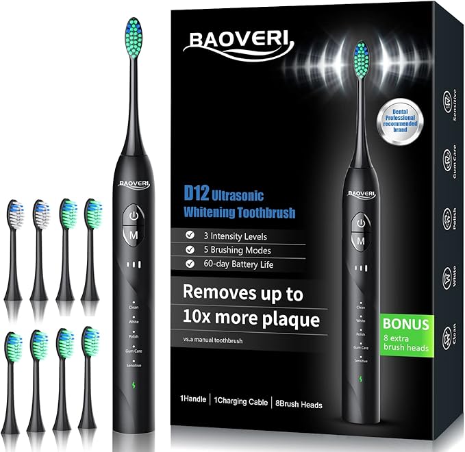 BAOVERI Electric Toothbrush for Adults&Kids, 42000 VPM Rechargeable Sonic Toothbrush with 8 Brush Heads, 5 Modes & 3 Intensity Levels, IPX7 Waterproof, 2-Min Smart Timer, 4 H Fast Charge for 60 Days