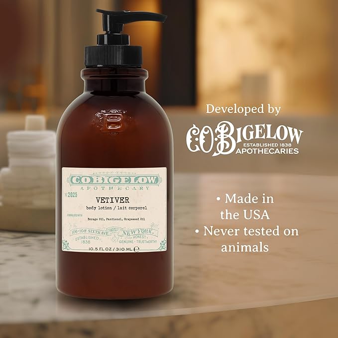 C.O. Bigelow Iconic Collection Vetiver Body Lotion, Scented Body Cream with Grapeseed Oil and Shea Butter, 10.5 fl oz