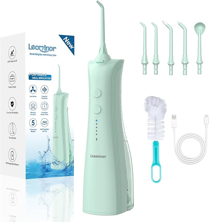 Leominor Water Dental Flosser - 5 Modes Cordless Portable Oral Irrigator, IPX7 Waterproof, Rechargeable Teeth Cleaner Upgrade Datchable Tank Professional Flossing Cleaning Pick for Home Travel(Green)