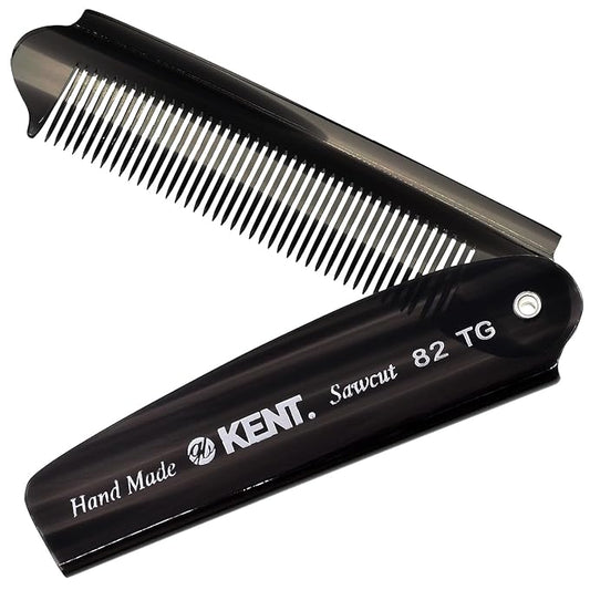 Kent 82T Black Graphite Folding Pocket Comb for Men, Fine Tooth Hair Comb Straightener for Everyday Grooming, Beard or Mustache, Use Dry or with Balms, Saw Cut Hand Polished, Made in England