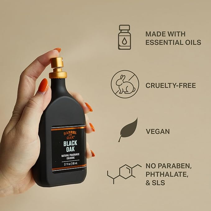 Barrel & Oak Cologne for Men, Natural Essential Oil-Based Men's Fragrances, Long-Lasting Men's Cologne for Day & Night, Paraben & SLS-Free, Gifts for Men, Black Oak, 2.7 oz