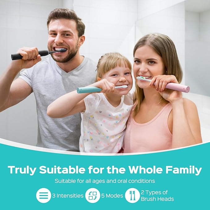 COSLUS C30 Electric Toothbrush for Adults & Kids: 3 Intensities & 5 Modes for Effective Yet Gentle Ultra-Clean Feel, 2 Types of Heads for Gentle & Daily Care, Travel & Home Use, Green, 1PC