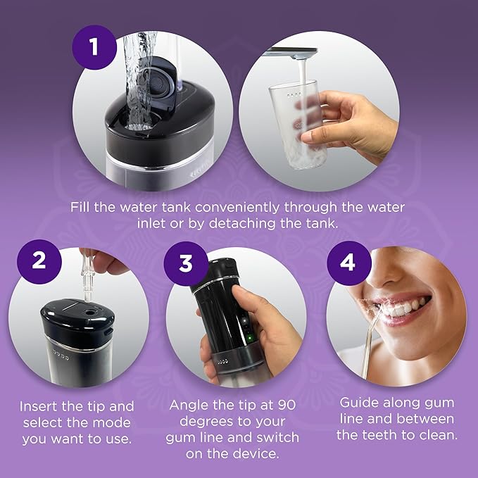 GuruNanda Compact Water Dental Flosser, Portable Travel Size Oral Irrigator Flosser with Collapsible 180 ml Tank, Smart Timer, 4 Flossing Modes, TSA-Friendly - Black