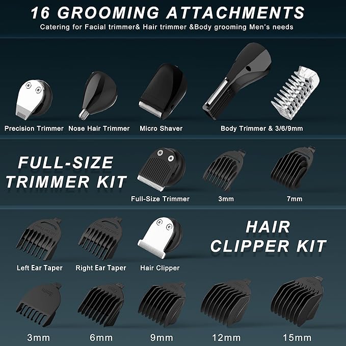 Hatteker Mens Body Hair Beard Trimmer Groin Trimmer Mens Grooming Kit Electric Razor Body Shaver Waterproof 6 in 1