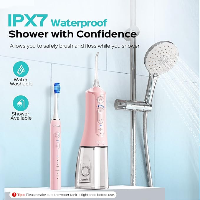 COSLUS C51C30 Electric Toothbrush with Water Flosser Combo: Portable Oral Clean Kit for Teeth Brushing & Flossing, Multiple Modes for Multiple Users, Cordless for Home & Travel Use, Pink