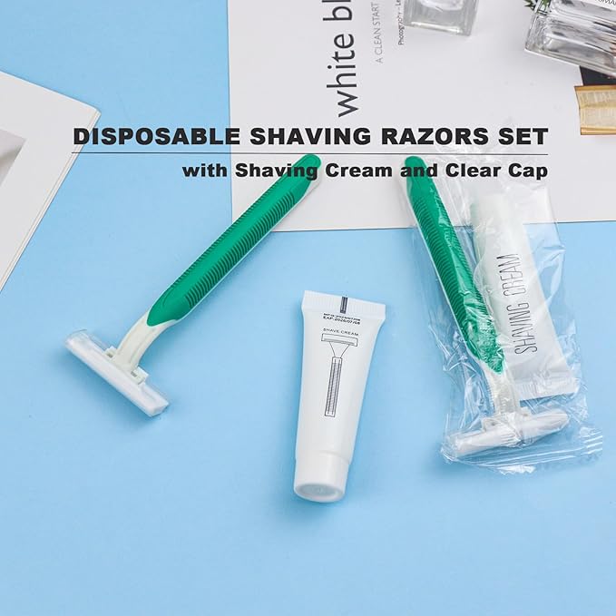 Disposable Razors in Bulk Pack of 30,Green Disposable Shaving Razors Individual Wrapped Twin Blade Bulk Disposable Razors with Clear Cap and 10g Shaving Cream for Homeless,Hotel,Travel,Charity,Shelter