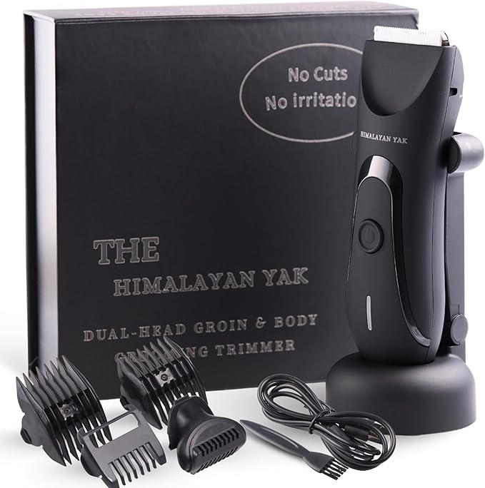 Dual-Head Electric Body Hair Trimmer for Men & Women, Waterproof Groin & Bikini Shaver, Wet/Dry Groomer with Replaceable Ceramic Blades,USB Recharge Dock, Hygiene Razor for Full-Body Use