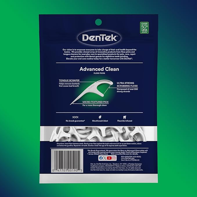 DenTek Advanced Clean Floss Picks with No Break & No Shred Dental Floss,Plaque Remover,150 Count (Pack of 2)