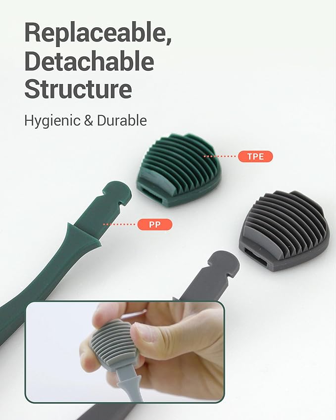 DEARCUS Tongue Scraper with 3 Replaceable Heads for Up to 9 Months - Soft BPA-Free TPE Tongue Cleaner, Designed to Reduce Gag Reflex, Helps Freshen Breath & Remove White Coating (White)