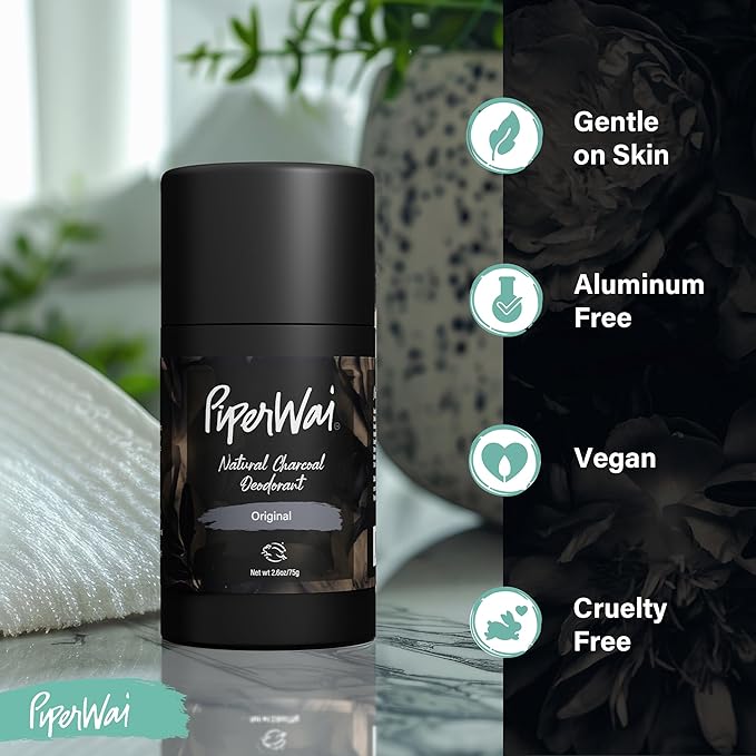 PiperWai Natural Deodorant w/Activated Charcoal | Odor Protection, Vegan, Aluminum Free, Shark Tank Product for Women & Men | Great for Travel, & Gifts | 2.6 oz (75g) Original Scented Stick