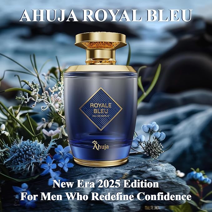 AHUJA Royal Bleu Eau De Parfum for Men 3.4 fl oz – Long Lasting Fresh Citrus, Grapefruit & Ginger Scent w/Deep Woody Notes – Elegant Daily Wear Perfume & Gift