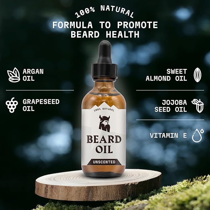 Striking Viking Unscented Beard Oil for Men - 2 Fl Oz, Fragrance-Free - Clear Beard & Mustache Conditioner with Jojoba & Argan Blend, Almond & Tea Tree Oils for Growth & Sensitive Skin