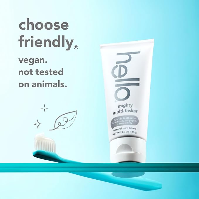 hello 8 in 1 Mighty Multi-Tasker Fluoride Toothpaste Pack, SLS Free Toothpaste with Fluoride, Antigingivitis and Antisensitivity, Strengthens Enamel and Whitens, Natural Mint Blend, 2 Ct, 4.0 Oz Tubes