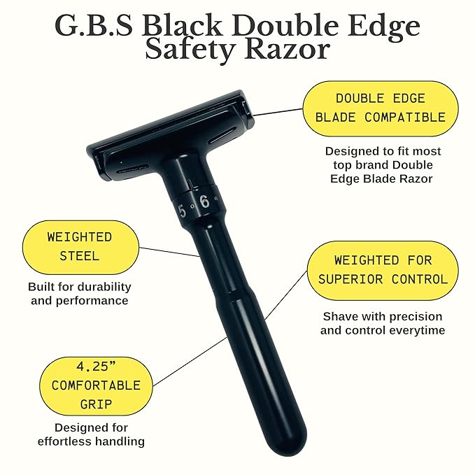 G.B.S Double Edge Safety Razor – Premium Black Steel Shaving Razor with Weighted Handle, Leather Travel Case & 10 DE Blades – Smooth, Close, and Comfortable Shave for Men