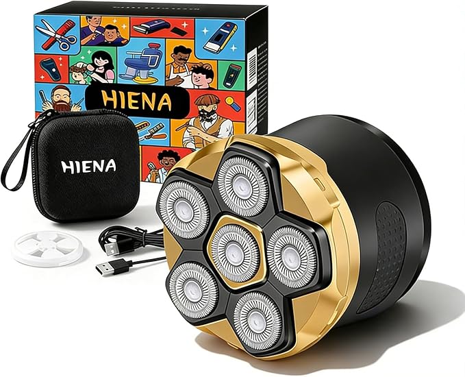 HIENA PRO Head Shaver for Bald Men - 6D Magnetic Rotating Shaver, Rechargeable Bald Head Razor Kit, Waterproof Electric Razor with LED Display (Gold)