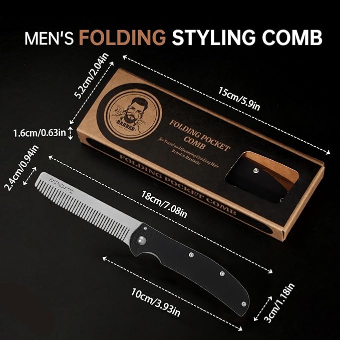 Folding Pocket Comb for Men - Stainless Steel Travel Hair & Beard Styling Tool, Compact 180° Rotating Design, Smooth Rounded Teeth, Portable Grooming Comb