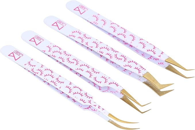 M LASH Tweezers for Eyelash Extensions (Set of 4) - Professional Lash Extension Tweezers - Fiber Tip, Japanese Steel, Diamond Grip Eyelash Extension Tweezer set (F-SET)