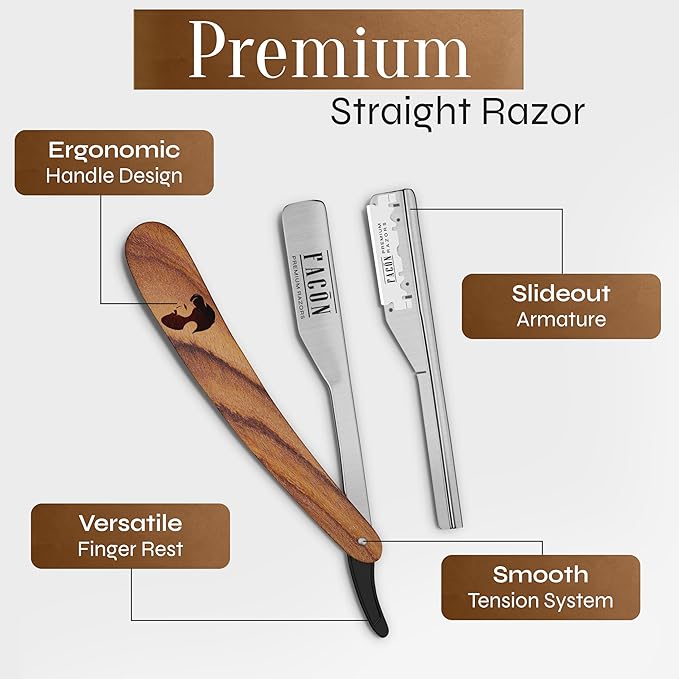 Facón Straight Razors for Men - Professional Barber Straight Edge Razor Kit with 100 Blades, Wooden Stainless Steel Barbero Shaver for a Smooth & Precise Shave, Premium Barber Razor for Men's Shaving