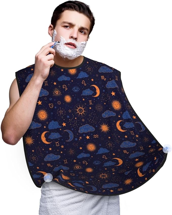 Waterproof Beard Grooming Bib, Magic Constellations Sun Moon Stars Mystical Astrology Shave Bib, Non-Stick Hair Catcher for Shaving Trimming, Apron Essential for Men Dad