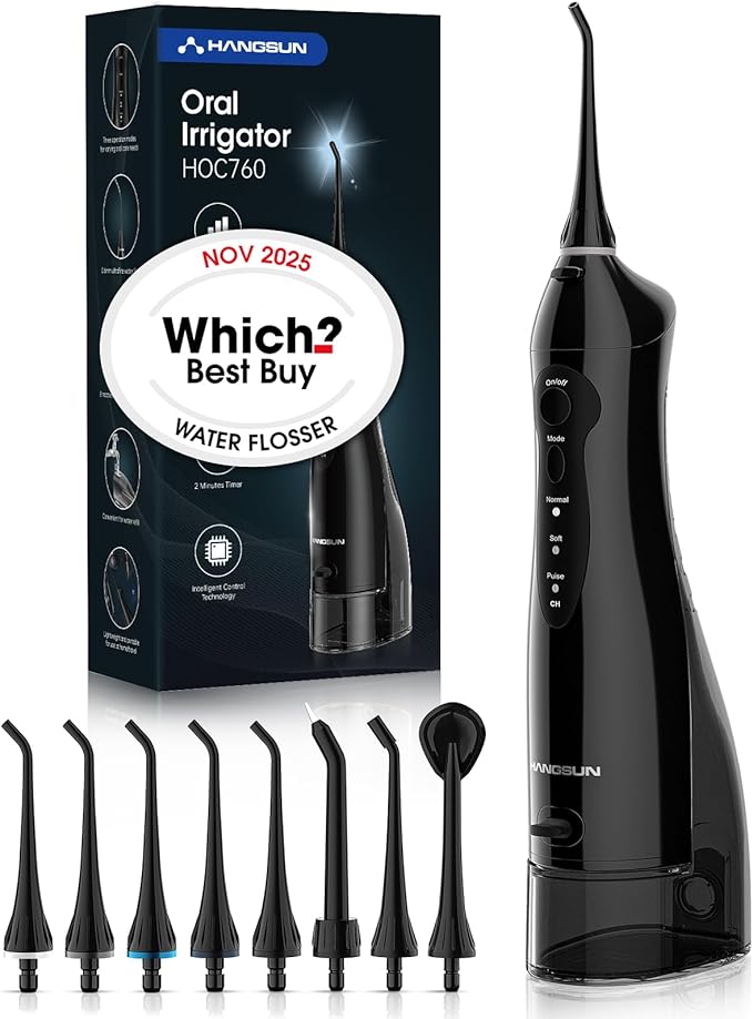 Hangsun Water Flossers for Teeth Cordless Rechargeable Dental Oral Irrigator Water Jet for Teeth Braces Care with 8 Jet Tips for Travel and Home Use (Black)