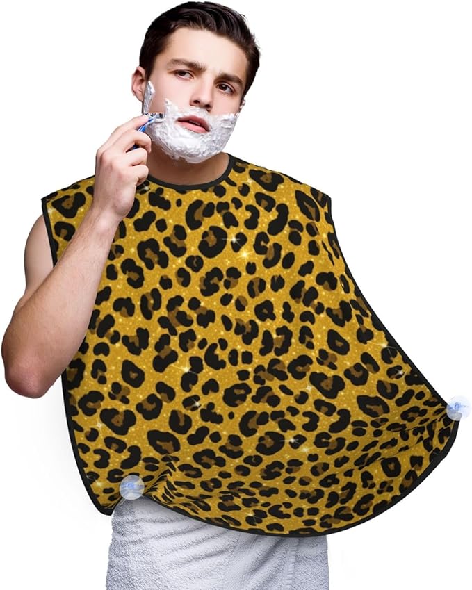 Strong Suction Cup Beard Grooming Bib, Non-Stick Hair Catcher, Waterproof, for Shaving, Black Gold Glitter Wild Chic Animal Cheetah Leopard Ptint