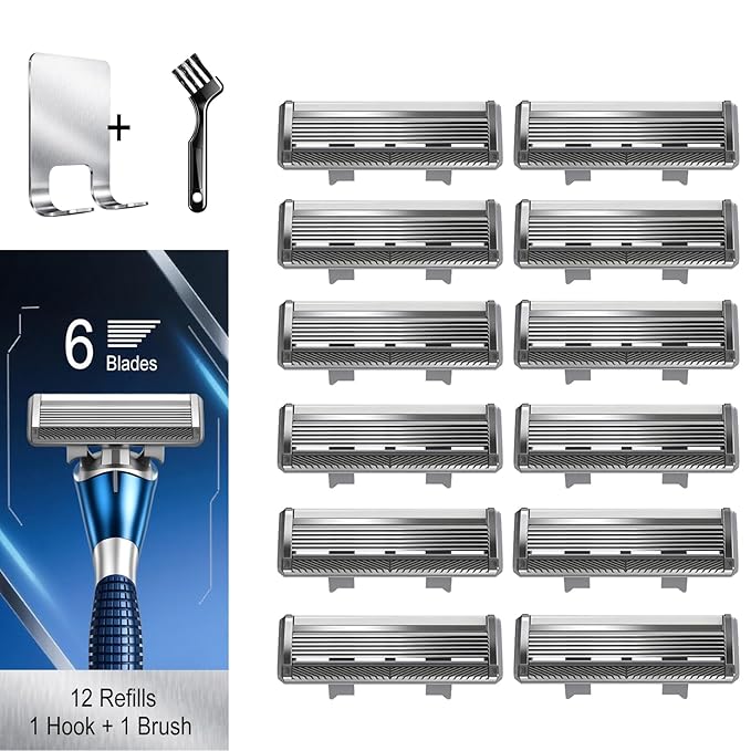 6-Blade Razor Refill Cartridges 12 Count, Professional Razor Blades for Men with Lubricating Strip, Wall Hook & Cleaning Brush Included for Smooth Shaving with Matching Handle