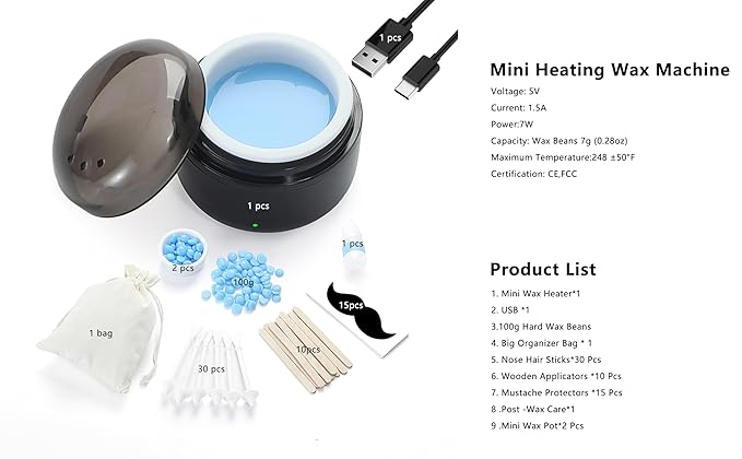 Nose Hair Removal Wax Kit, Mini Wax Warmer with 100g Wax, 15 Applicators, 30 Nose Sticks, Black