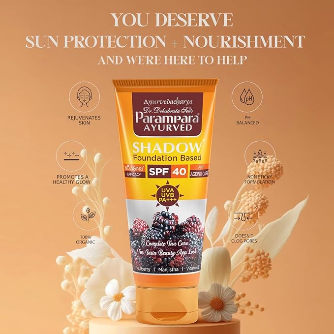Ayurved Shadow Foundation Based SPF 40 PA+++ Sunscreen Cream | UVA UVB Protection for Face & Body | Water Resistant, Fast Absorbing, Non Greasy, Men & Women | 60ml