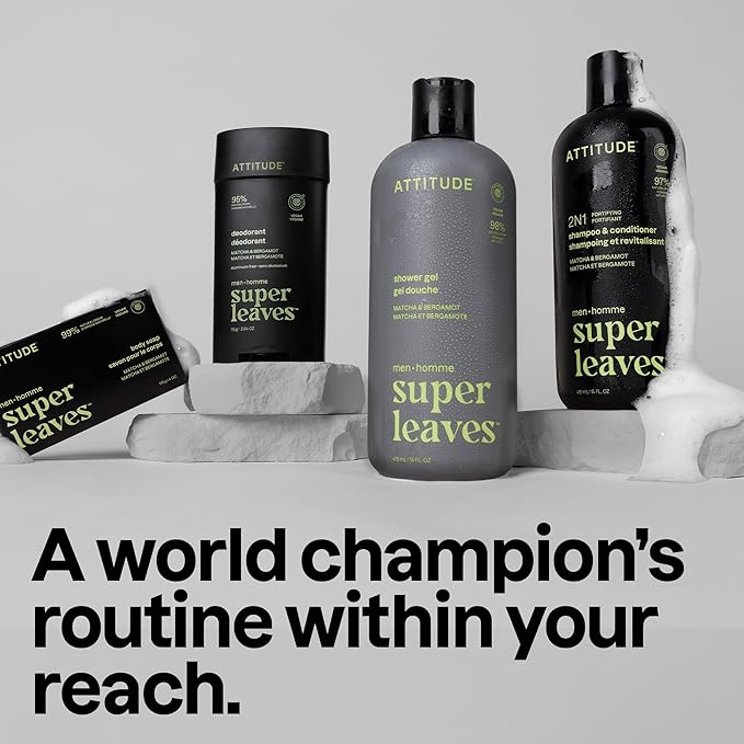 ATTITUDE Men's Shampoo and Conditioner 2-in-1, Fortifying For Fragile Hair, With Caffeine and Green Tea, 97% Natural Origin Ingredients, EWG Verified, Matcha & Bergamot, 14 Fl Oz (Pack of 3)