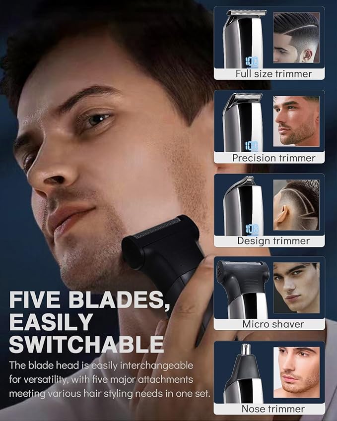Beard Trimmer for Men - 5 in 1 Kit Electric Razor, Nose Hair Trimmer with LED Display, Cordless Mustache Body Face Grooming Kit, Rechargeable Beard Shaver (Aluminum)