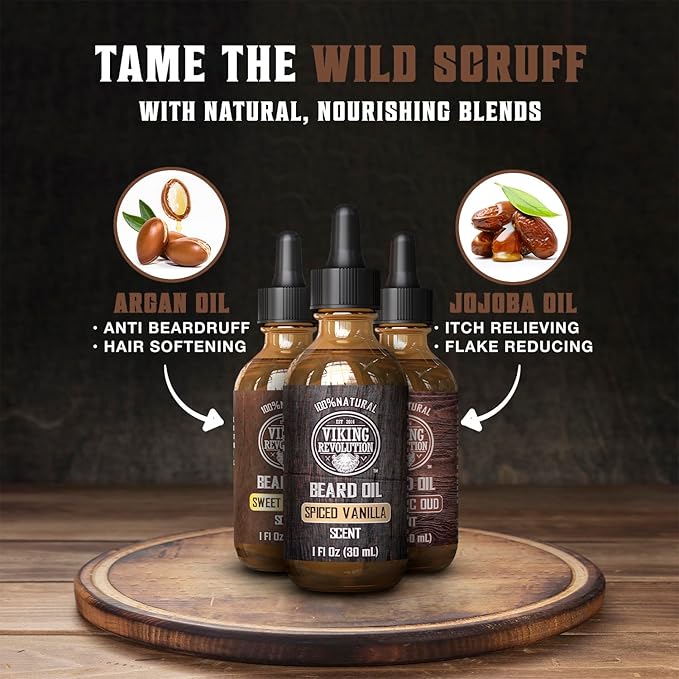 Viking Revolution Beard Oil for Men 3 Pack - Natural Mens Beard Oil Variety Set - Spiced Vanilla, Sweet Tobacco, Majestic Oud - Beard Conditioning and Moisturizing for a Healthy Beard (3 Pack, 1oz)