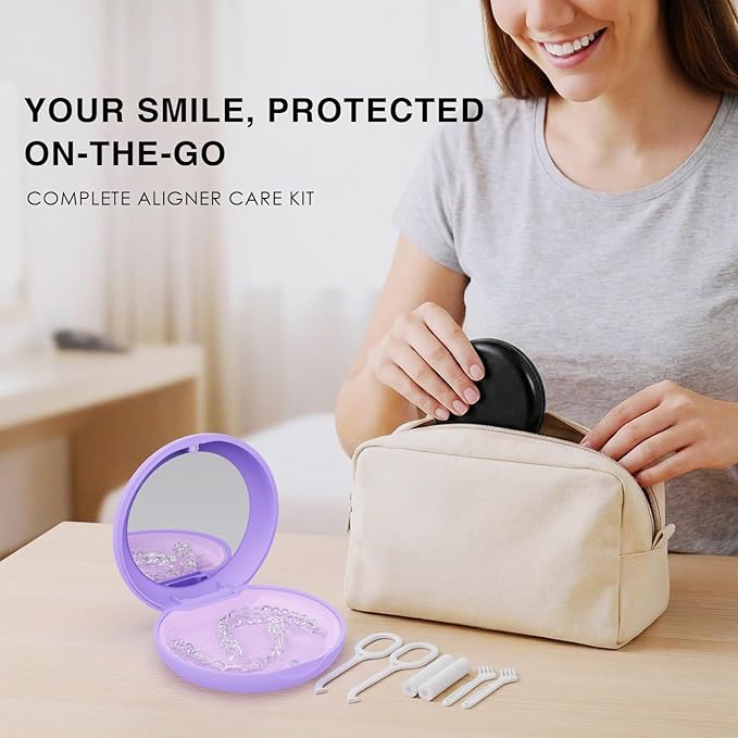 2 Pack Retainer Case with Mirror, Magnetic Aligner Case Compatible with Invisalign, Portable Slim Orthodontic Storage Kit for Clear Aligners - Purple